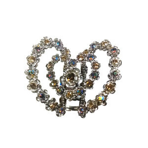 Pony Tail Holder Barrette Double Love Heart Design Rhinestones Silver Tone